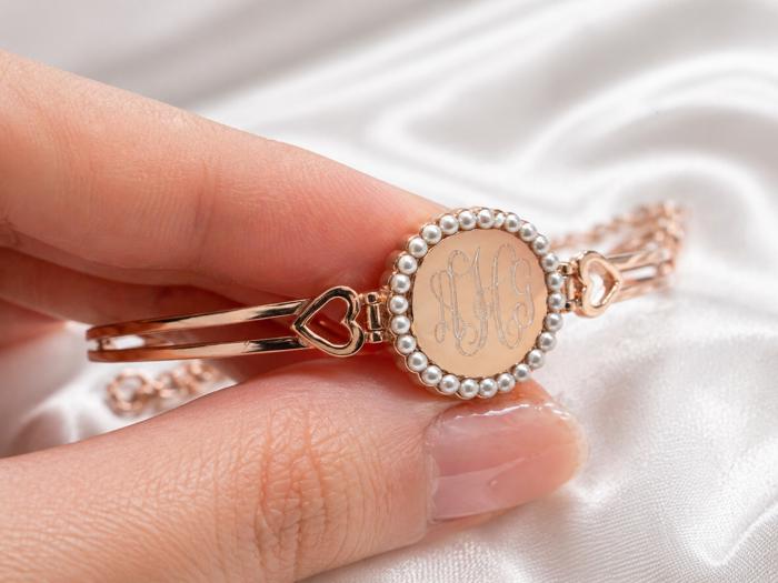 German Silver Engravable Round Pearl Princess Heart Adjustable Bangle Bracelet