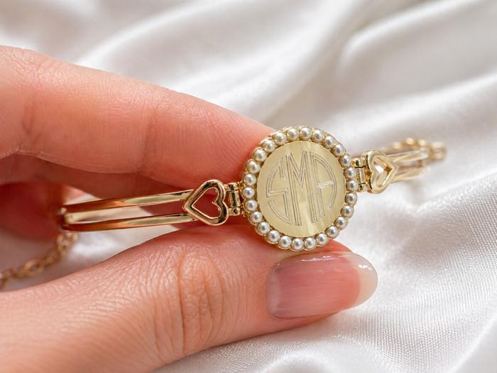 German Silver Engravable Round Pearl Princess Heart Adjustable Bangle Bracelet