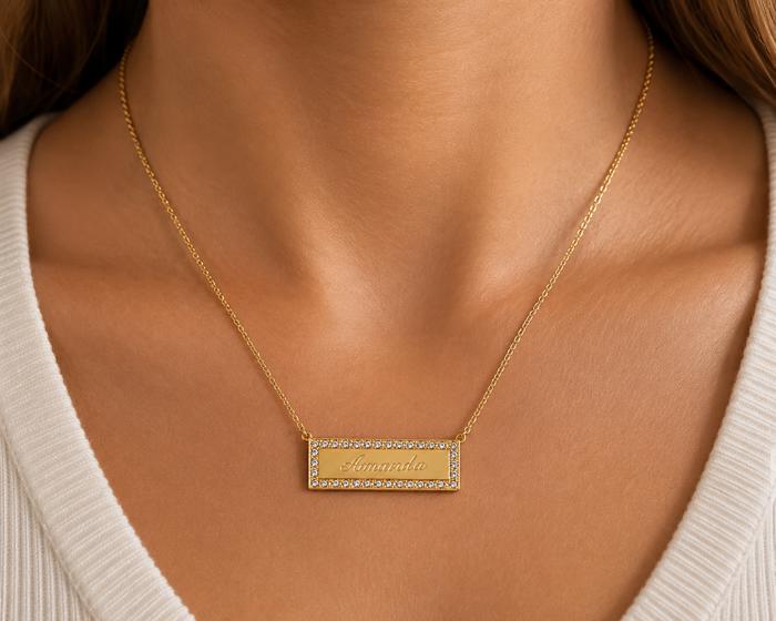 Sterling Silver Bar Engravable CZ Necklace