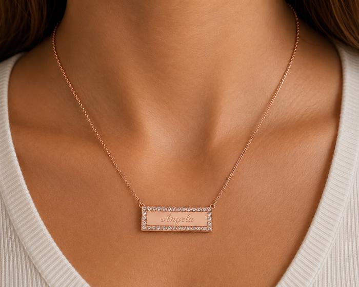 Sterling Silver Bar Engravable CZ Necklace