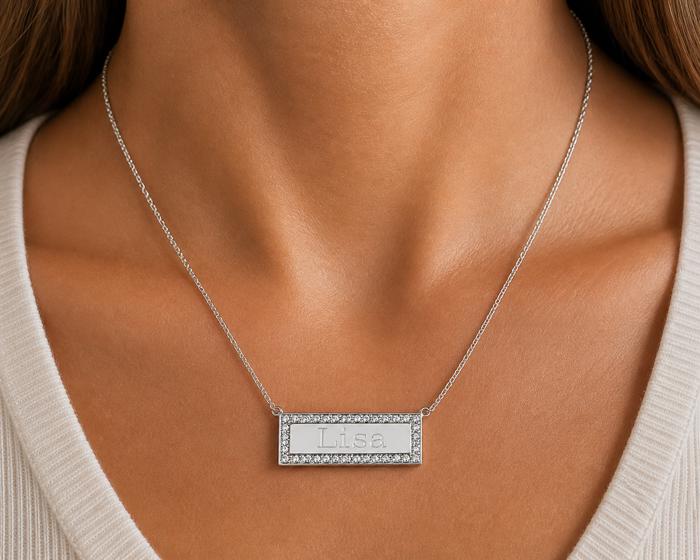 Sterling Silver Bar Engravable CZ Necklace