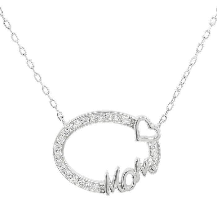 Sterling Silver Hollow CZ Oval W/ "MOM" & Heart Necklace