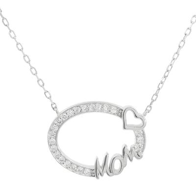 Sterling Silver Hollow CZ Oval W/ "MOM" & Heart Necklace