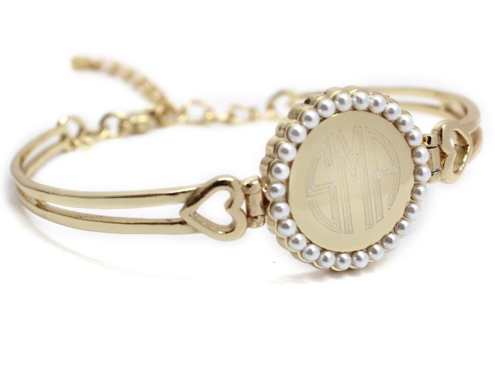 German Silver Engravable Round Pearl Princess Heart Adjustable Bangle Bracelet