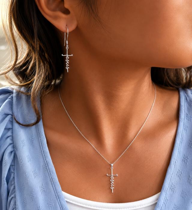 Sterling Silver "Jesus" Cursive Cross Necklace