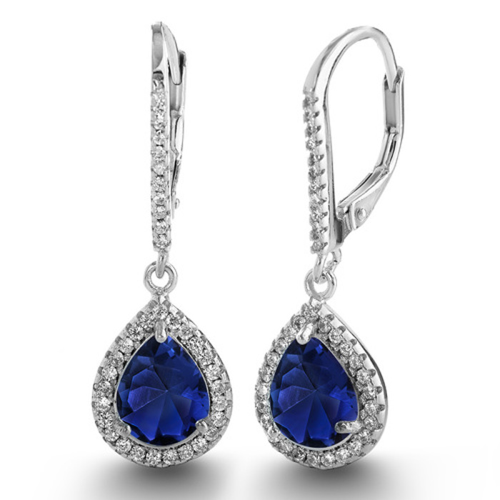 Sterling Silver Dangling Pear Shape CZ Halo Lever Back Earrings
