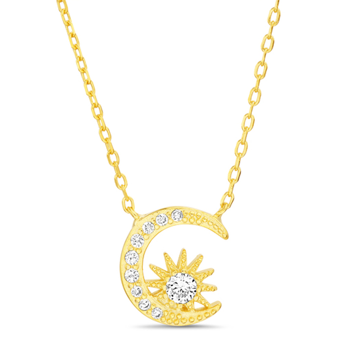 Sterling Silver CZ Crescent Moon & Sun Necklace