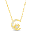  Sterling Silver CZ Crescent Moon & Sun Necklace