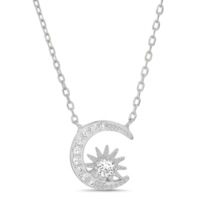 Sterling Silver CZ Crescent Moon & Sun Necklace