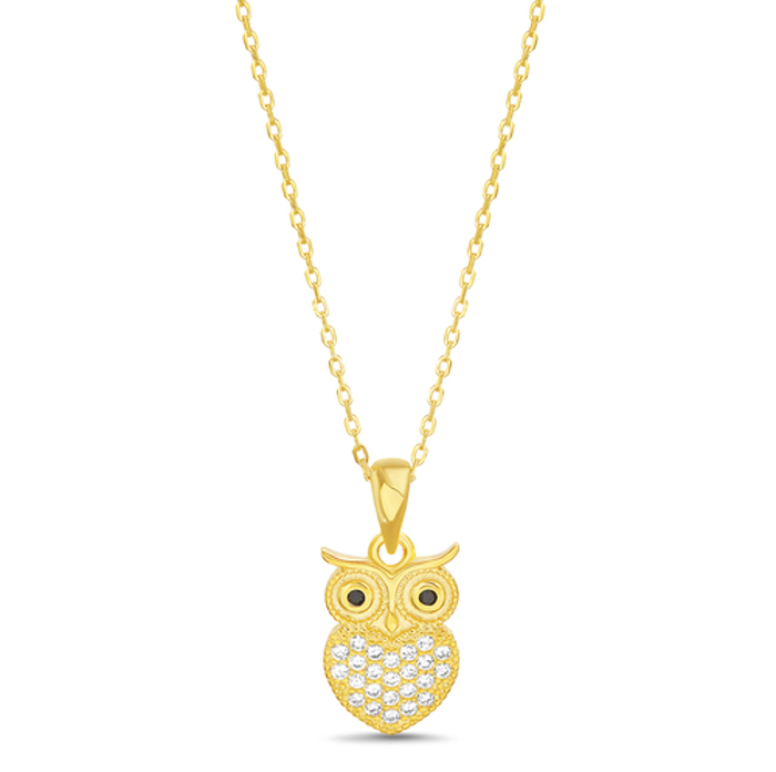Sterling Silver CZ Black Eyed Owl Necklace