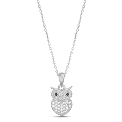 Sterling Silver CZ Black Eyed Owl Necklace