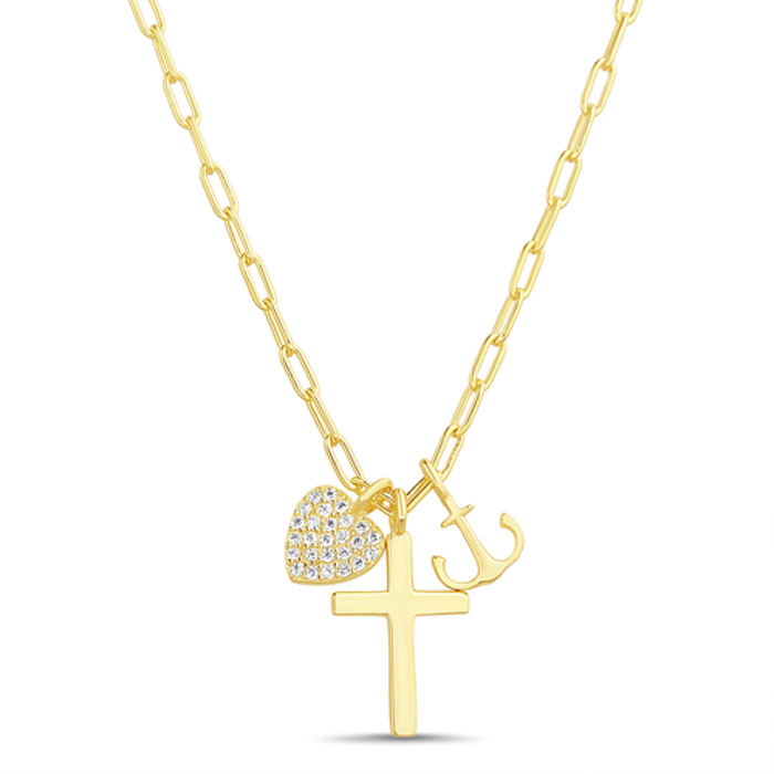 Sterling Silver CZ Heart, Cross, and Anchor Paperclip Necklace
