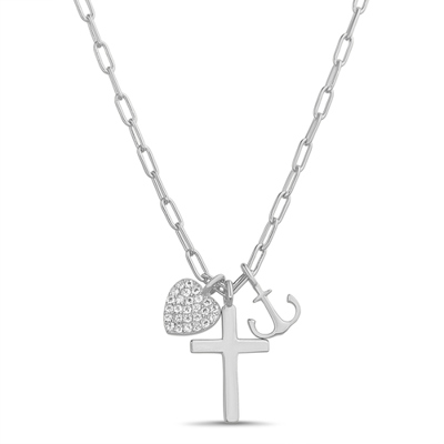 Sterling Silver CZ Heart, Cross, and Anchor Paperclip Necklace