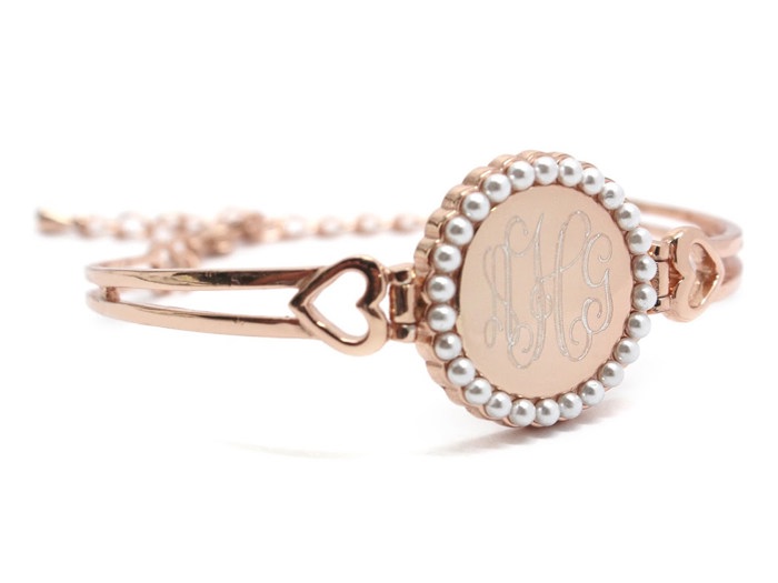 German Silver Engravable Round Pearl Princess Heart Adjustable Bangle Bracelet