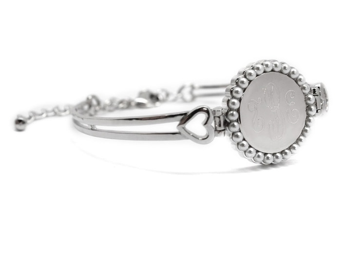 German Silver Engravable Round Pearl Princess Heart Adjustable Bangle Bracelet