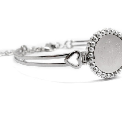 German Silver Engravable Round Pearl Princess Heart Adjustable Bangle Bracelet