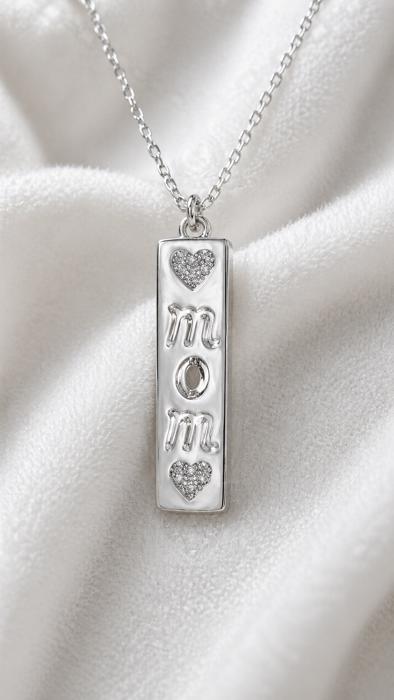 Sterling Silver Rectangle Pendant W/ Cut-Out "MOM" CZ Hearts Necklace