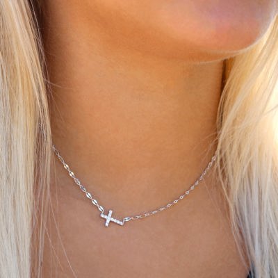 Sterling Silver Sideways CZ Cross Necklace