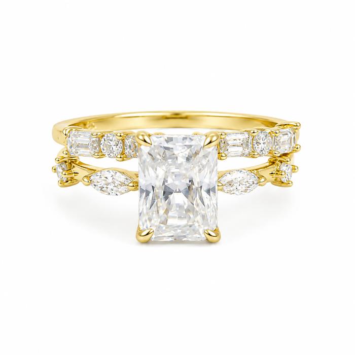 Sterling Silver Moissanite 2.0ct Radiant Cut Marquise Band, Baguette & Round Band Wedding Set