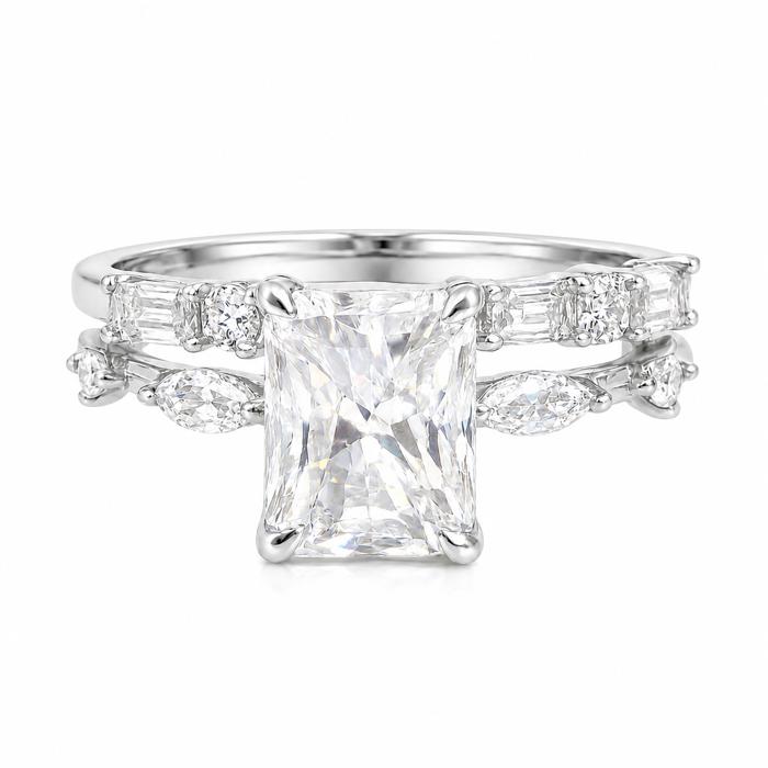 Sterling Silver Moissanite 2.0ct Radiant Cut Marquise Band, Baguette & Round Band Wedding Set
