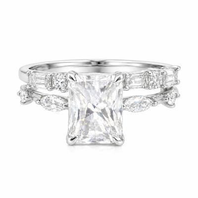 Sterling Silver Moissanite 2.0ct Radiant Cut Marquise Band, Baguette & Round Band Wedding Set
