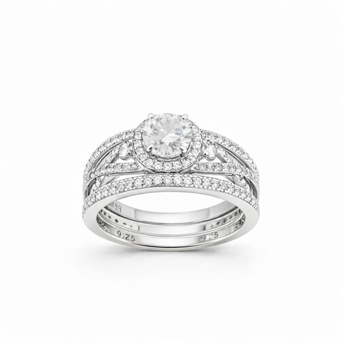 Sterling Silver 0.8ct Round Brilliant Moissanite Halo Infinity Band 3 Ring Stackable Set