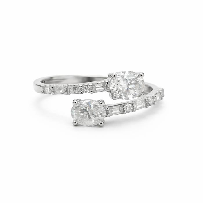 Sterling Silver 1.54 CTW Moissanite Oval Baguette Bypass Ring