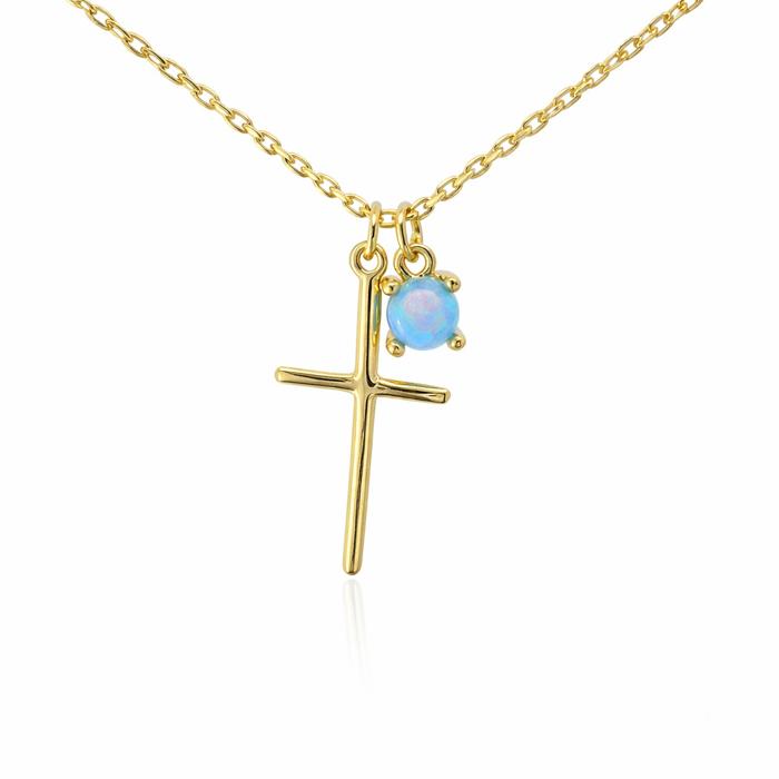 Sterling Silver Gold Plated Plain Cross & Blue Opal Charm Necklace