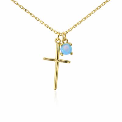 Sterling Silver Gold Plated Plain Cross & Blue Opal Charm Necklace