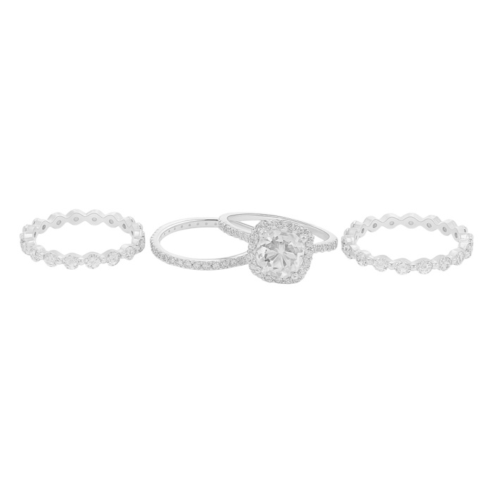 Sterling Silver 2.0ct Cushion Cut Halo Moissanite Eternity Stackable Bands 4 Piece Ring Set