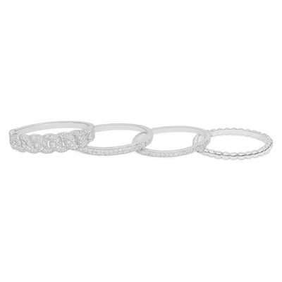 Sterling Silver Moissanite Pave Cuban Link Beaded Stackable Bands 4 Piece Ring Set