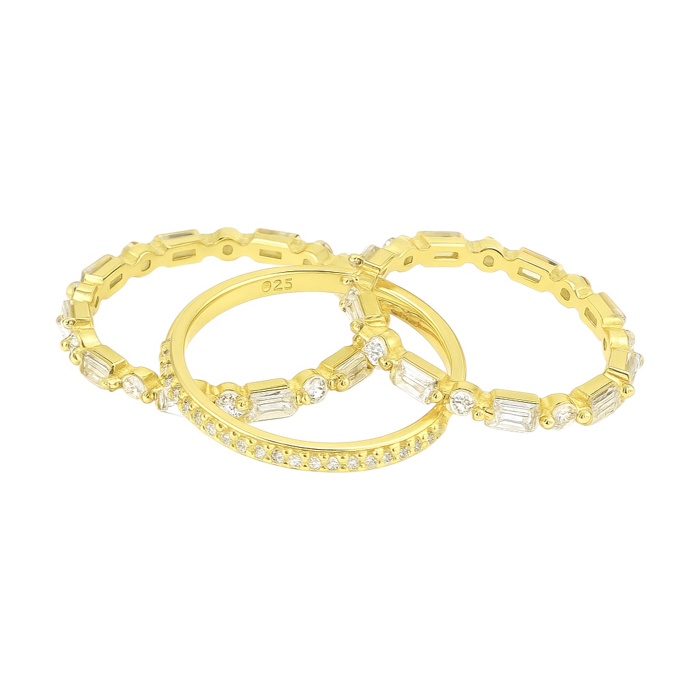 Sterling Silver Alternating Baguette & Round Moissanite Stackable Eternity Bands Set