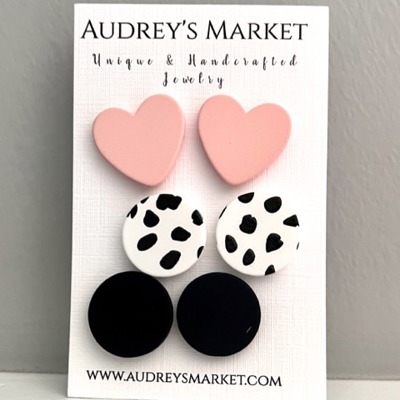 Everyday Heart Clay Stud Earrings - Pink, Polka Dot, and Black