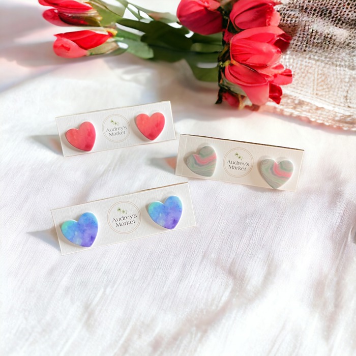 Set of 3 Ombre Heart Stud Clay Earrings - Blue and Red 