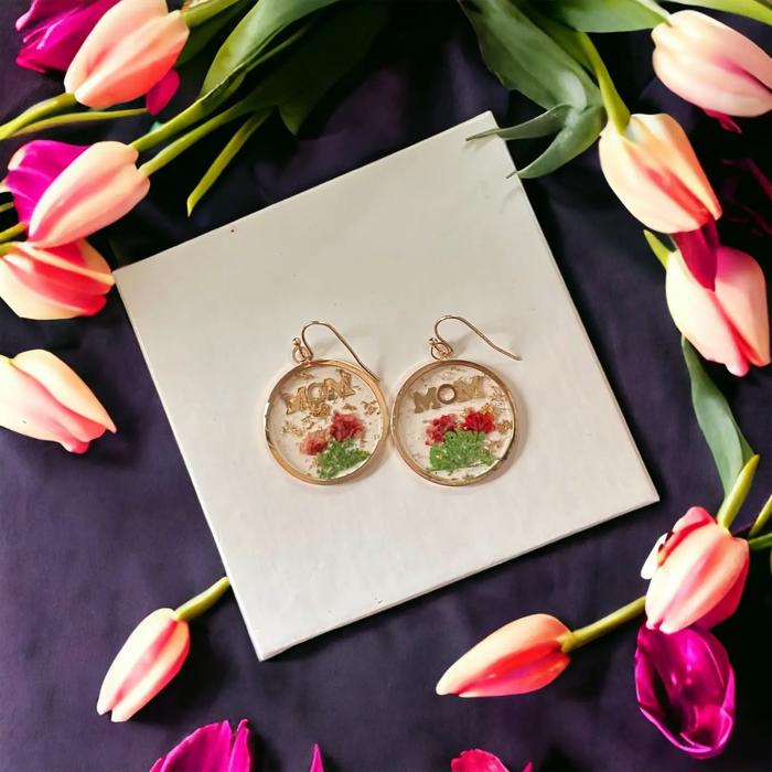 Pressed Flower Resin MOM Gold Earrings - Mothers Day Gift