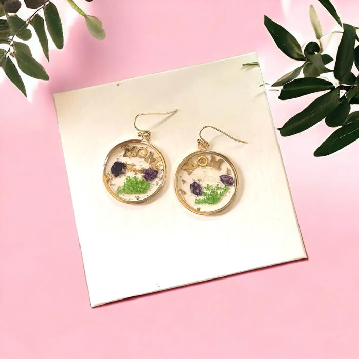 Pressed Flower Resin MOM Gold Earrings - Mothers Day Gift
