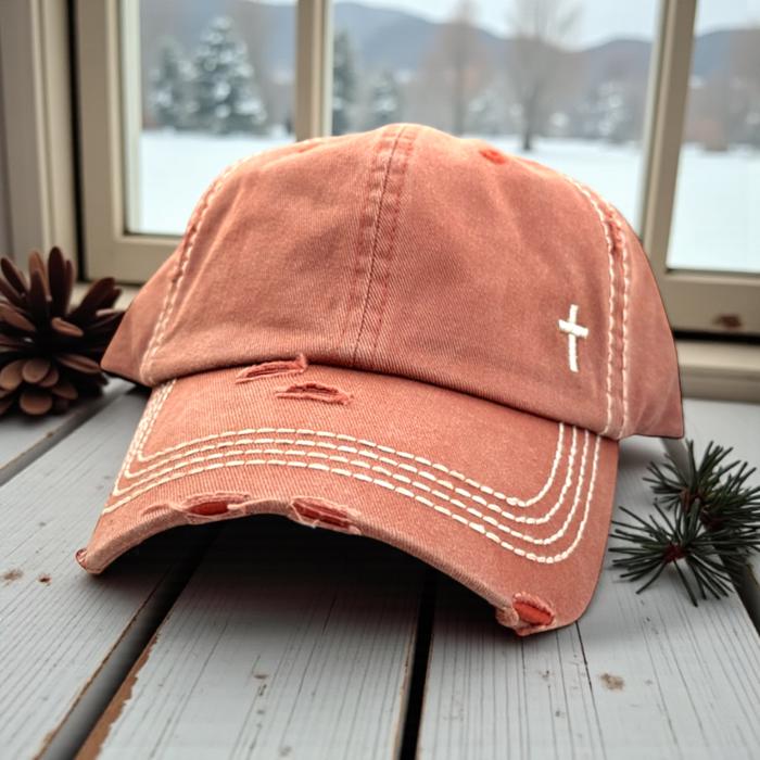 Mini Embroidered Cross Distressed Cap, Choose Hat Color