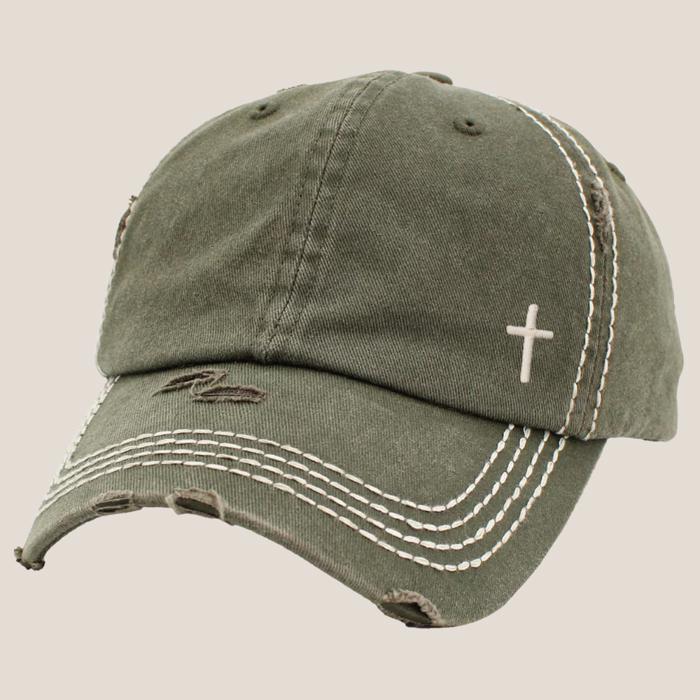 Mini Embroidered Cross Distressed Cap, Choose Hat Color