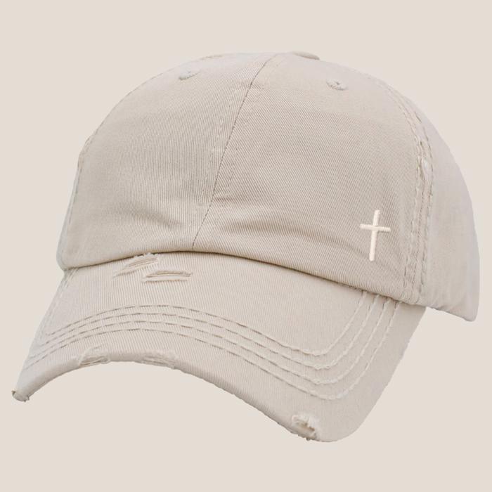 Mini Embroidered Cross Distressed Cap, Choose Hat Color