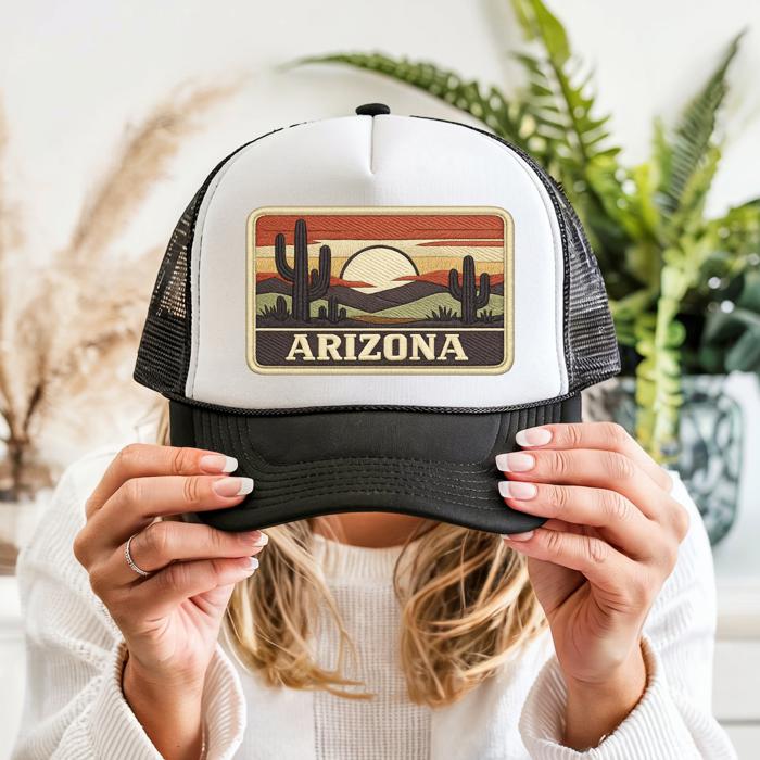 Arizona Sunset Desert Trucker Hat: Faux Embroidery