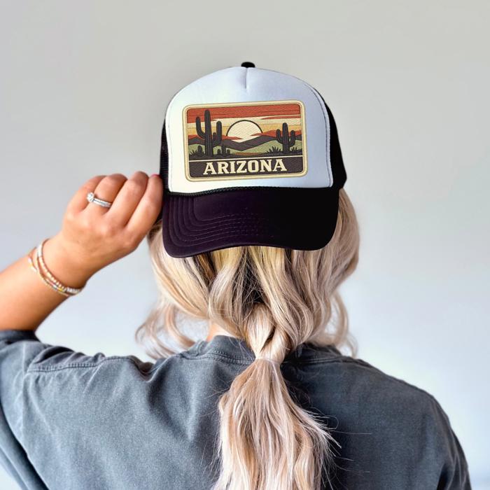 Arizona Sunset Desert Trucker Hat: Faux Embroidery