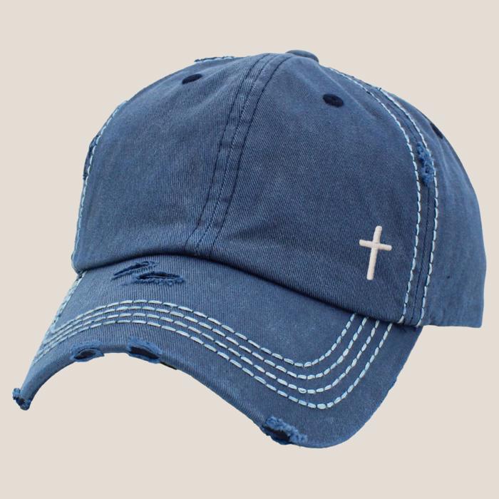 Mini Embroidered Cross Distressed Cap, Choose Hat Color