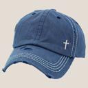 Blue Ivory Mini Embroidered Cross Distressed Cap, Choose Hat Color