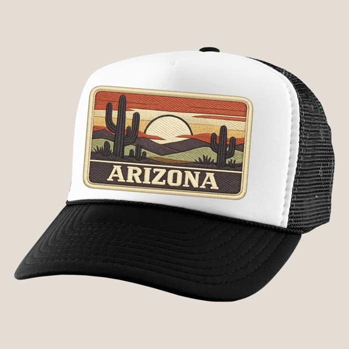 Arizona Sunset Desert Trucker Hat: Faux Embroidery