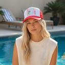  Summer Vibes Trucker Hat, Red Trucker Hat, Pastel Graphic, Retro Hat for Summer Vacation Pool Days, Mid Profile