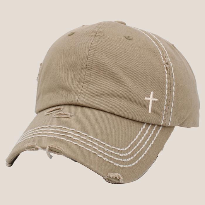 Mini Embroidered Cross Distressed Cap, Choose Hat Color