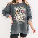  Motherhood is Kingdom Work, Pepper Gray Comfort Colors Sweatshirt, Retro Vibe Fall Sweatshirt