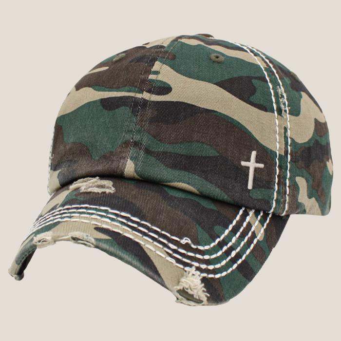 Mini Embroidered Cross Distressed Cap, Choose Hat Color