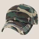 Camo Ivory Mini Embroidered Cross Distressed Cap, Choose Hat Color