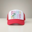  Summer Vibes Trucker Hat, Red Trucker Hat, Pastel Graphic, Retro Hat for Summer Vacation Pool Days, Mid Profile